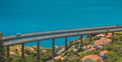 aerial photo of concrete bridge near body of water